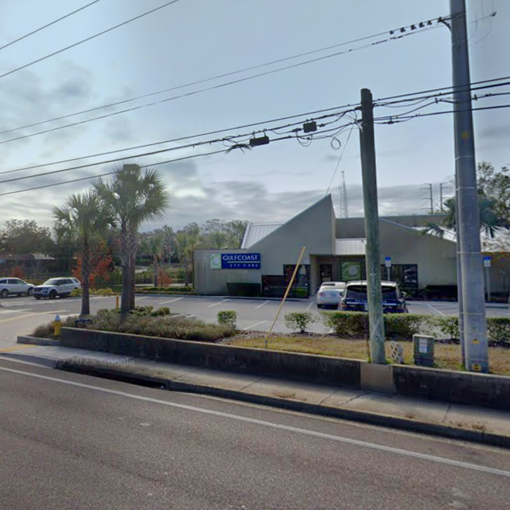 Street view of the Gulfcoast Eye Care building and parking lot in Palm Harbor, FL, located on Tampa Road.