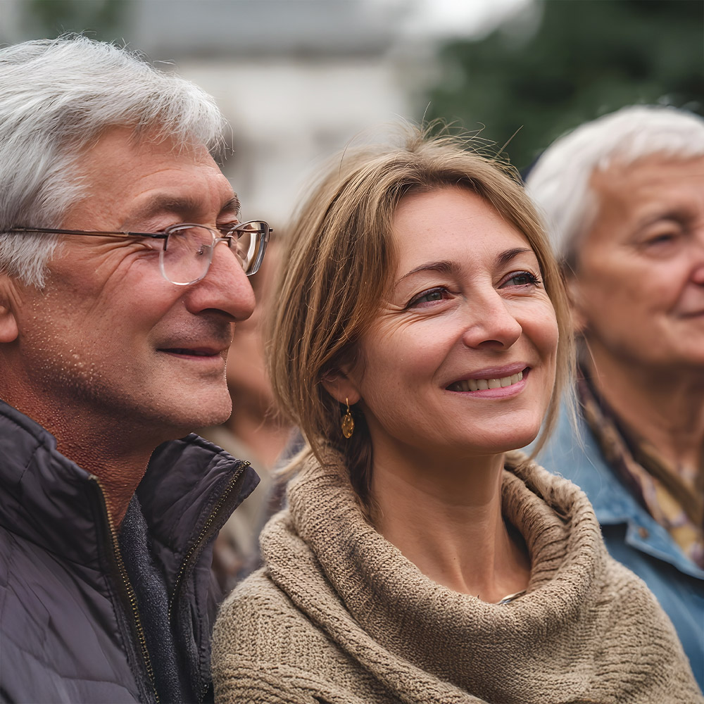 Smiling man with glasses and woman in a sweater looking ahead in a group of people outdoors.