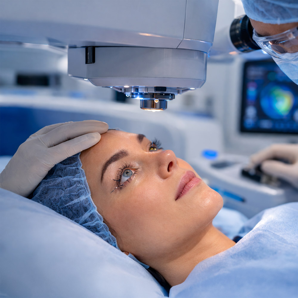 A patient undergoing laser eye surgery while a surgeon operates advanced medical technology in a clinical setting.