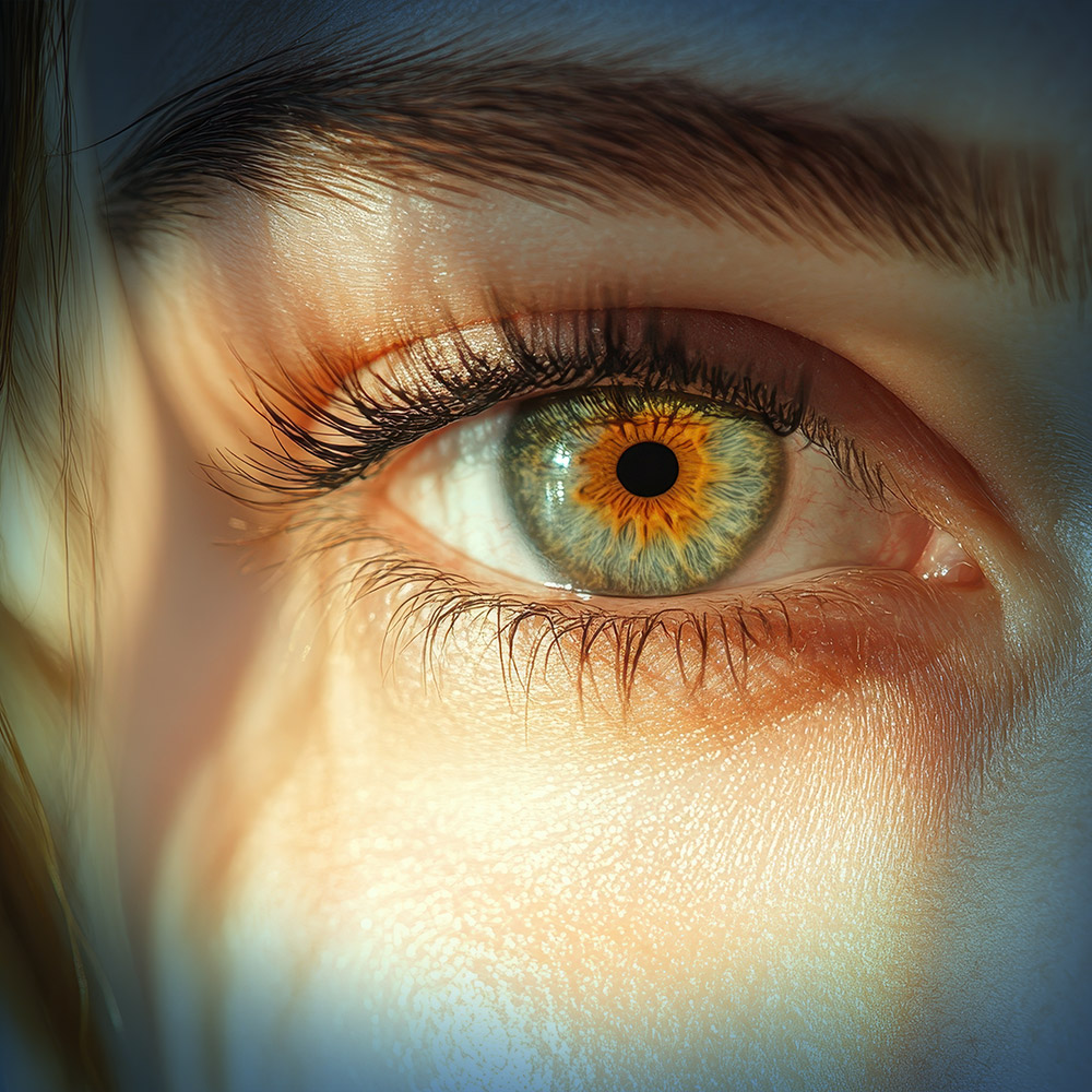 Macro close-up of a detailed hazel eye with a clear cornea, illustrating the results of successful vision correction and eye health.
