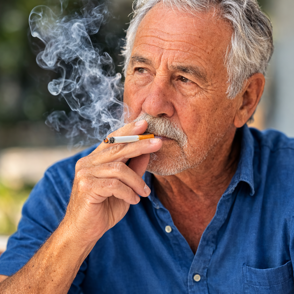 Senior man smoking a cigarette, highlighting smoking as a lifestyle risk factor for cataract development.