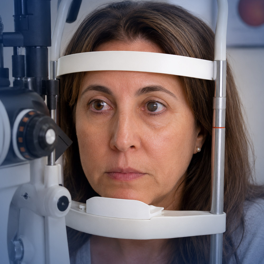 Diagram of the RLE surgery procedure: 3D eye scan, lens softening, lens removal, and artificial lens implant.
